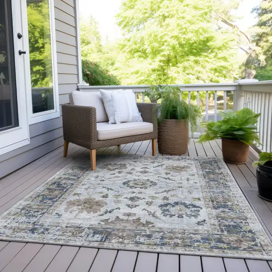 Blue And Gray Floral Washable Indoor Outdoor Area Rug Photo 8