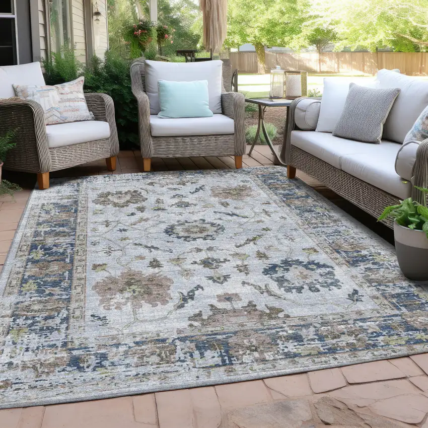 Blue And Gray Floral Washable Indoor Outdoor Area Rug Photo 5