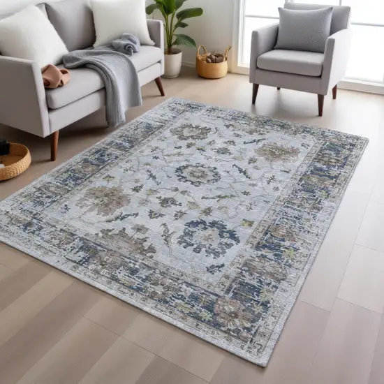 Blue And Gray Floral Washable Indoor Outdoor Area Rug Photo 6