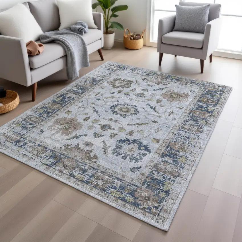 Blue And Gray Floral Washable Indoor Outdoor Area Rug Photo 6