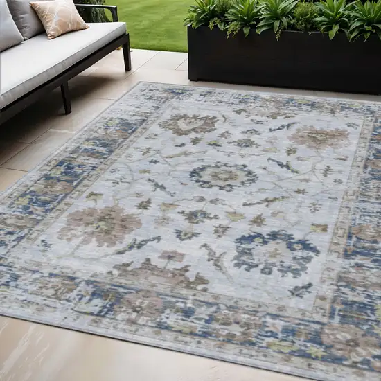 Blue And Gray Floral Washable Indoor Outdoor Area Rug Photo 2