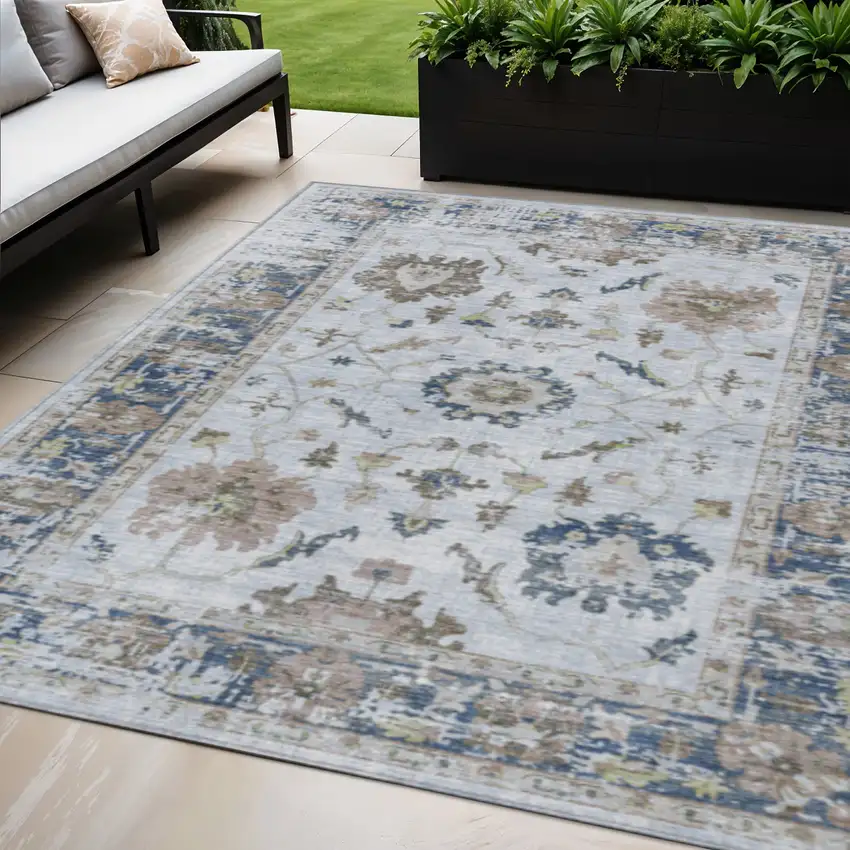 Blue And Gray Floral Washable Indoor Outdoor Area Rug Photo 2