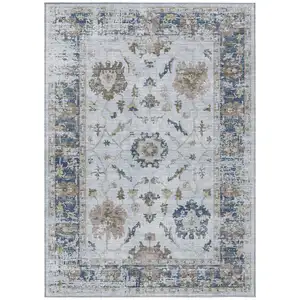 Photo of Blue And Gray Floral Washable Indoor Outdoor Area Rug