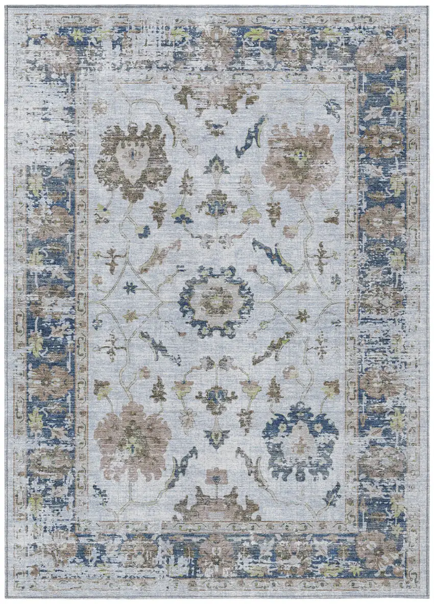 Blue And Gray Floral Washable Indoor Outdoor Area Rug Photo 1