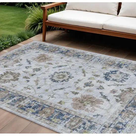 Blue And Gray Floral Washable Indoor Outdoor Area Rug Photo 2