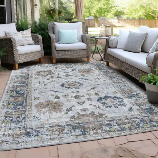 Blue And Gray Floral Washable Indoor Outdoor Area Rug Photo 5