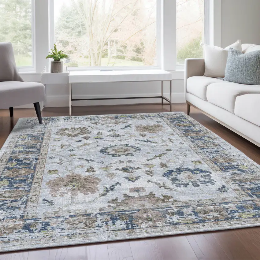 Blue And Gray Floral Washable Indoor Outdoor Area Rug Photo 7