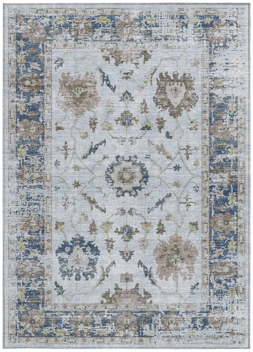 Blue And Gray Floral Washable Indoor Outdoor Area Rug Photo 3