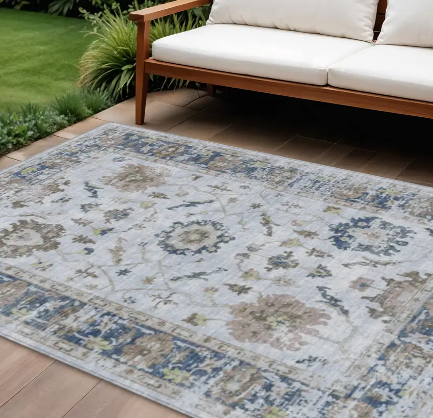 Blue And Gray Floral Washable Indoor Outdoor Area Rug Photo 2