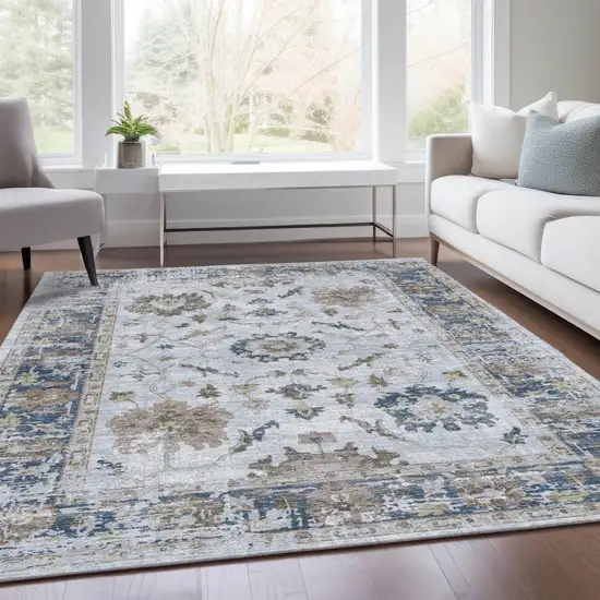 Blue And Gray Floral Washable Indoor Outdoor Area Rug Photo 7