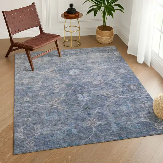Blue And Gray Floral Washable Indoor Outdoor Area Rug Photo 9