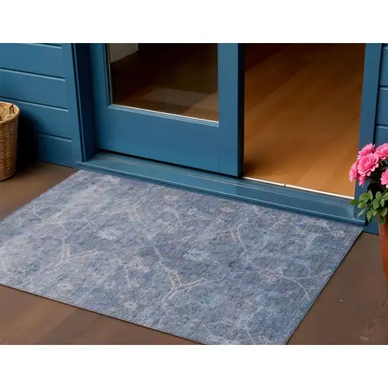 Blue And Gray Floral Washable Indoor Outdoor Area Rug Photo 1