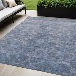 Photo of Blue And Gray Floral Washable Indoor Outdoor Area Rug