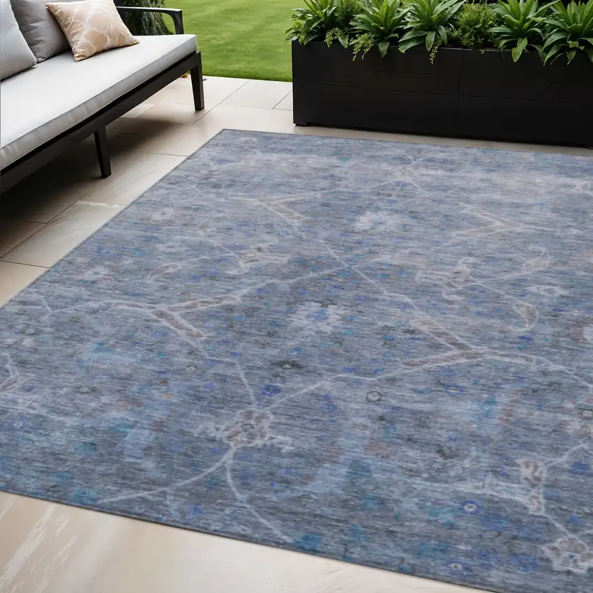 Blue And Gray Floral Washable Indoor Outdoor Area Rug Photo 1