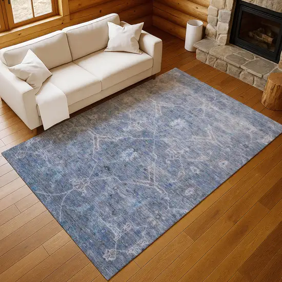 Blue And Gray Floral Washable Indoor Outdoor Area Rug Photo 7