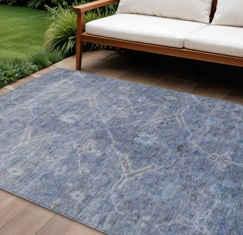 Blue And Gray Floral Washable Indoor Outdoor Area Rug Photo 1