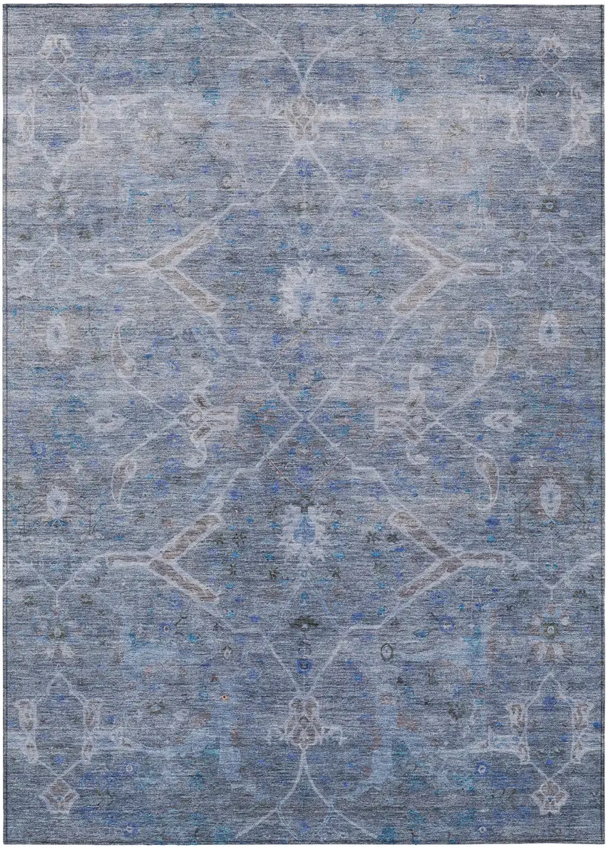 Blue And Gray Floral Washable Indoor Outdoor Area Rug Photo 2