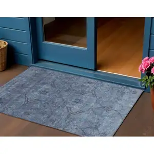 Photo of Blue And Gray Floral Washable Indoor Outdoor Area Rug