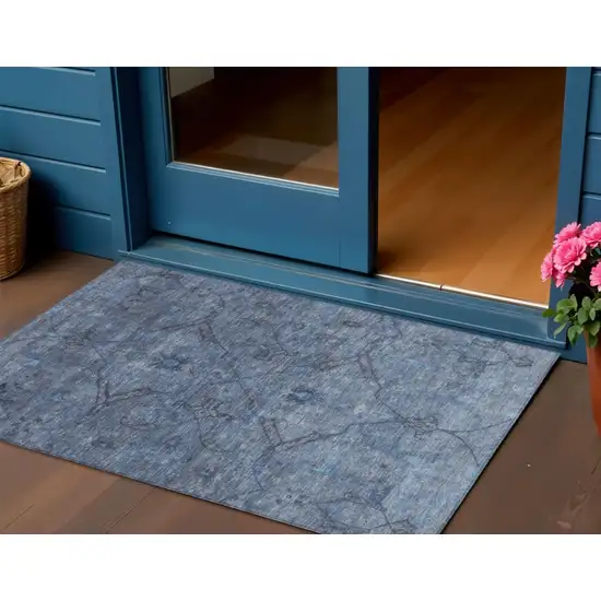 Blue And Gray Floral Washable Indoor Outdoor Area Rug Photo 1