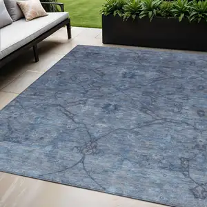 Photo of Blue And Gray Floral Washable Indoor Outdoor Area Rug