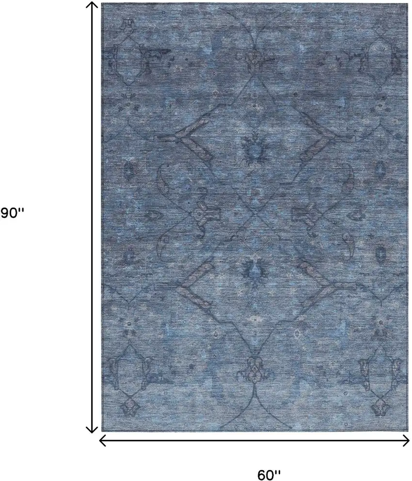 Blue And Gray Floral Washable Indoor Outdoor Area Rug Photo 3