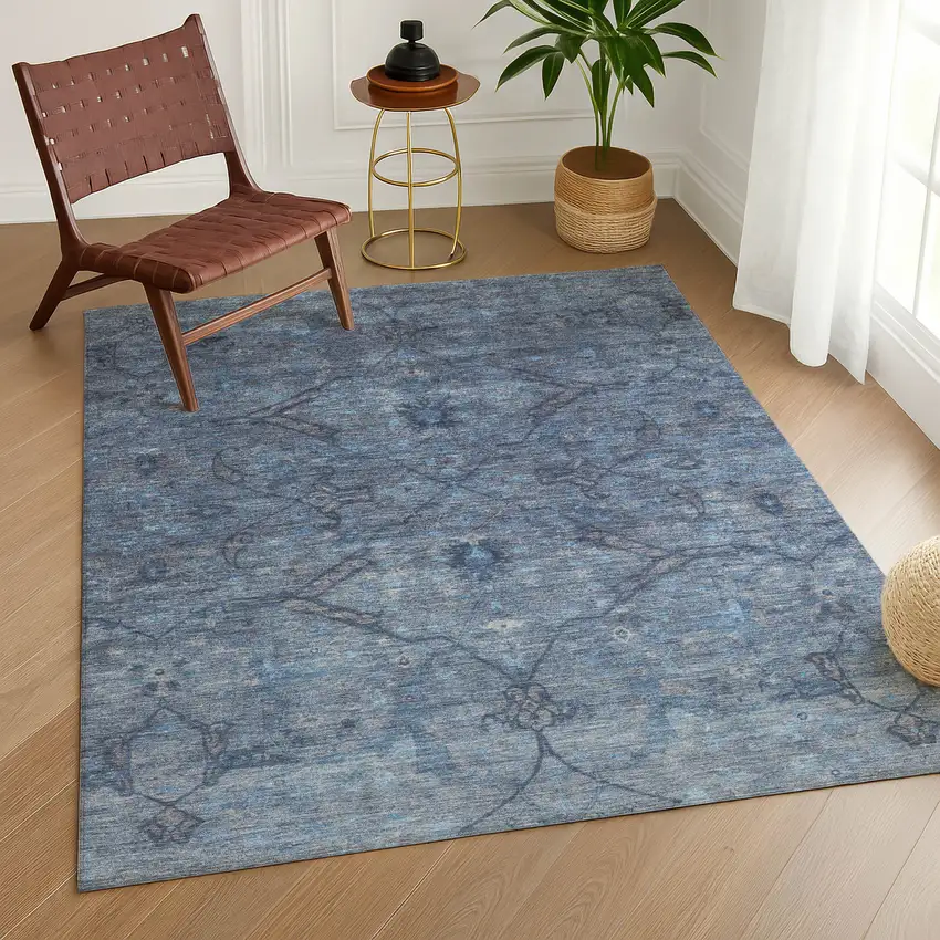 Blue And Gray Floral Washable Indoor Outdoor Area Rug Photo 9