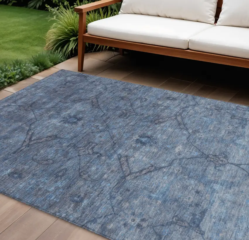 Blue And Gray Floral Washable Indoor Outdoor Area Rug Photo 1