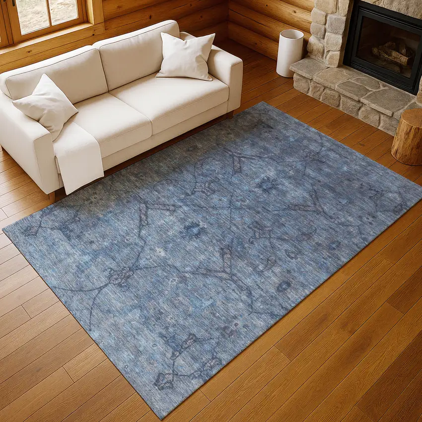 Blue And Gray Floral Washable Indoor Outdoor Area Rug Photo 9