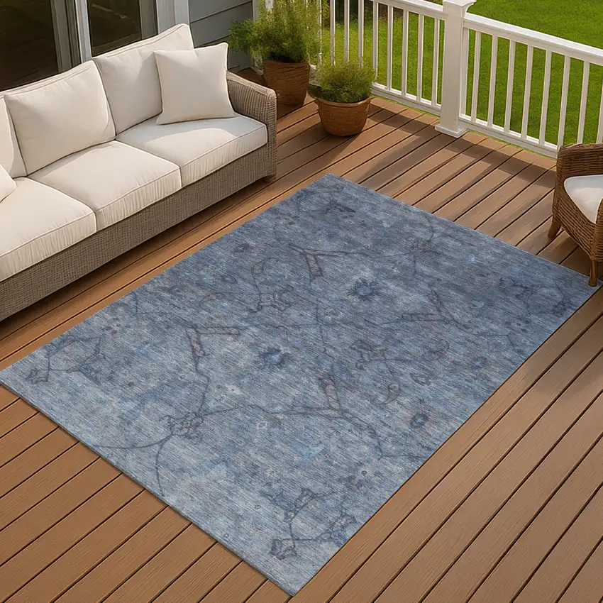 Blue And Gray Floral Washable Indoor Outdoor Area Rug Photo 8