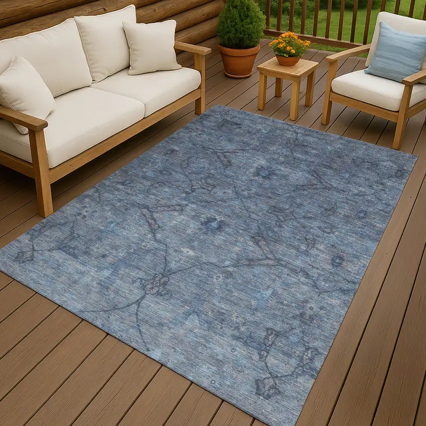 Blue And Gray Floral Washable Indoor Outdoor Area Rug Photo 9