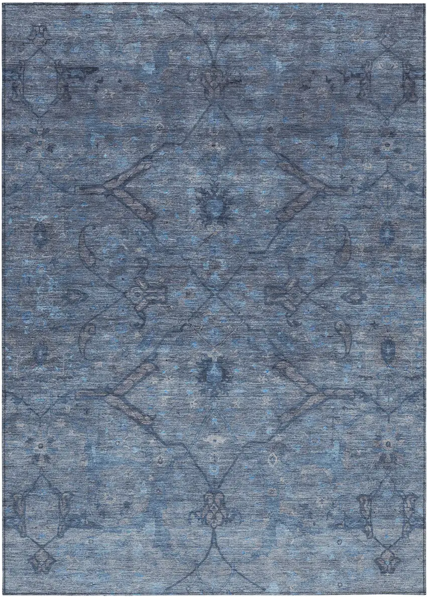 Blue And Gray Floral Washable Indoor Outdoor Area Rug Photo 2