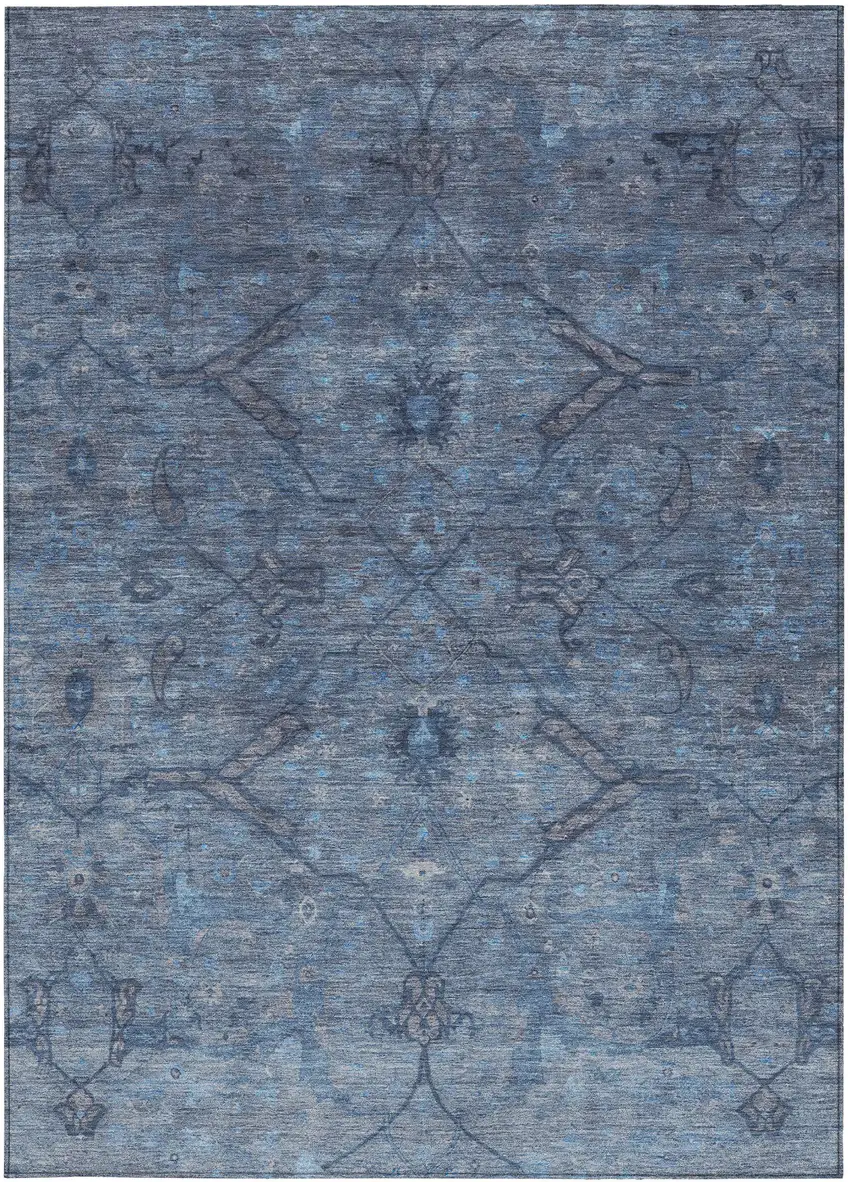 Blue And Gray Floral Washable Indoor Outdoor Area Rug Photo 5