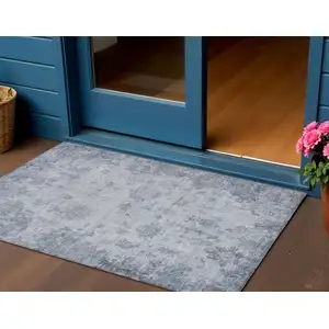 Photo of Blue And Gray Floral Washable Indoor Outdoor Area Rug