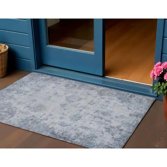 Blue And Gray Floral Washable Indoor Outdoor Area Rug Photo 1