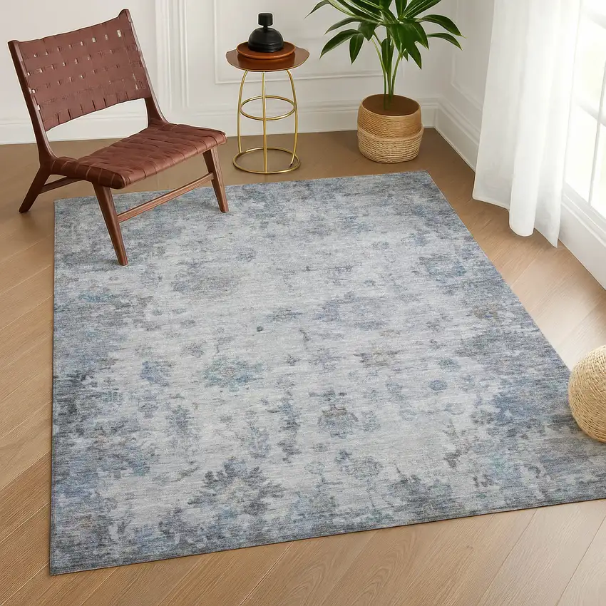 Blue And Gray Floral Washable Indoor Outdoor Area Rug Photo 9