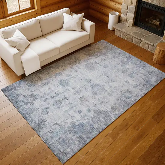 Blue And Gray Floral Washable Indoor Outdoor Area Rug Photo 9