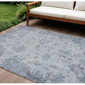 Photo of Blue And Gray Floral Washable Indoor Outdoor Area Rug