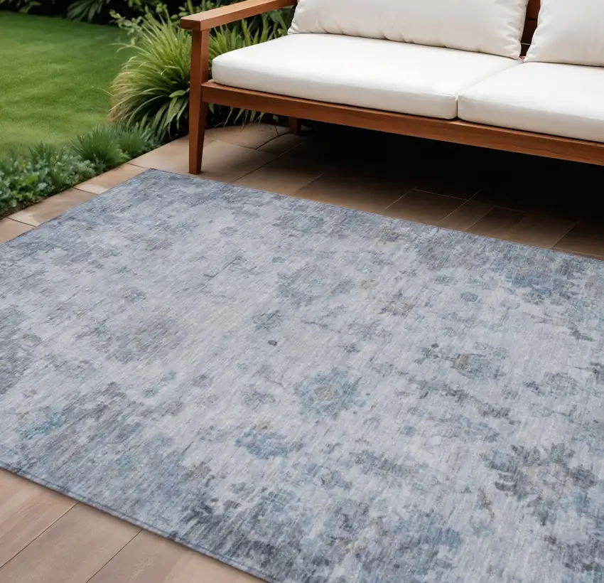 Blue And Gray Floral Washable Indoor Outdoor Area Rug Photo 1