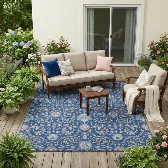 Blue And Gray Floral Washable Indoor Outdoor Area Rug Photo 1