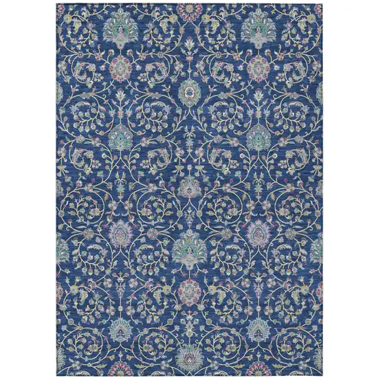 Blue And Gray Floral Washable Indoor Outdoor Area Rug Photo 2