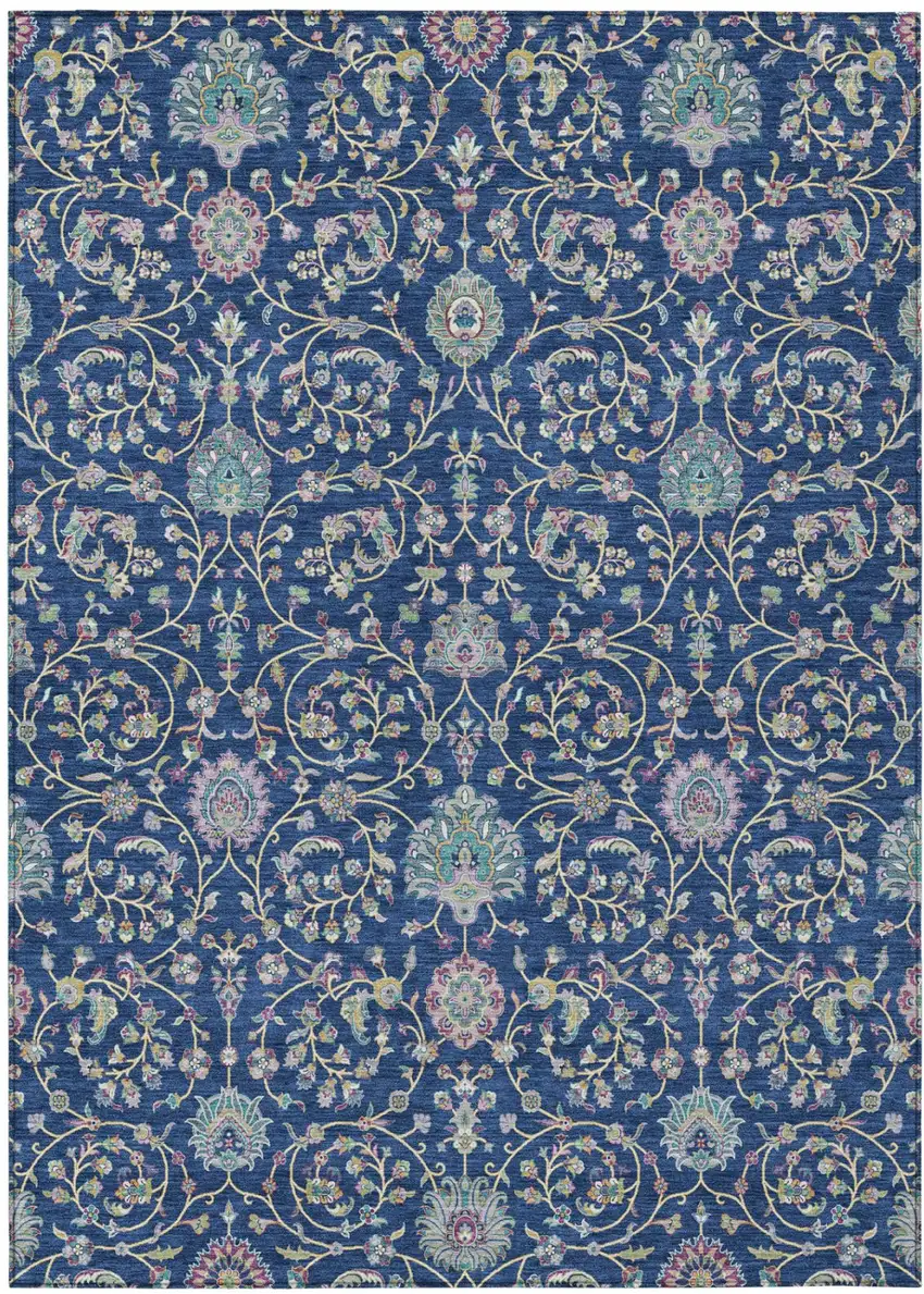 Blue And Gray Floral Washable Indoor Outdoor Area Rug Photo 2