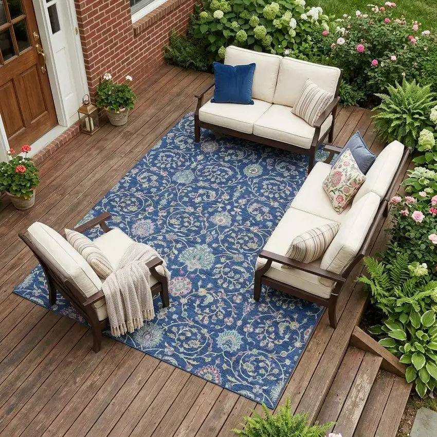 Blue And Gray Floral Washable Indoor Outdoor Area Rug Photo 1