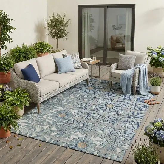 Blue And Gray Floral Washable Indoor Outdoor Area Rug Photo 1