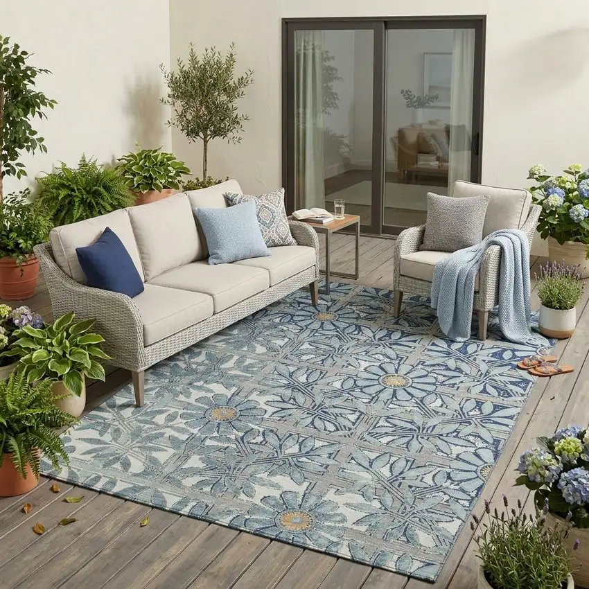 Blue And Gray Floral Washable Indoor Outdoor Area Rug Photo 1