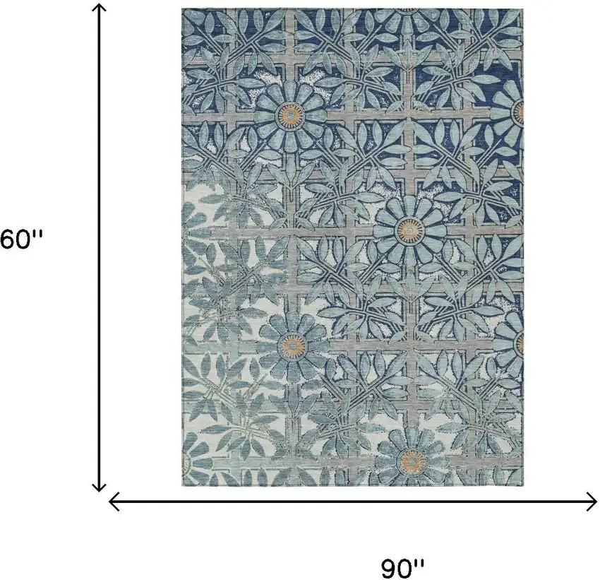 Blue And Gray Floral Washable Indoor Outdoor Area Rug Photo 5