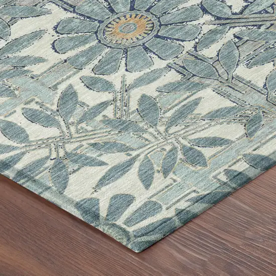 Blue And Gray Floral Washable Indoor Outdoor Area Rug Photo 3