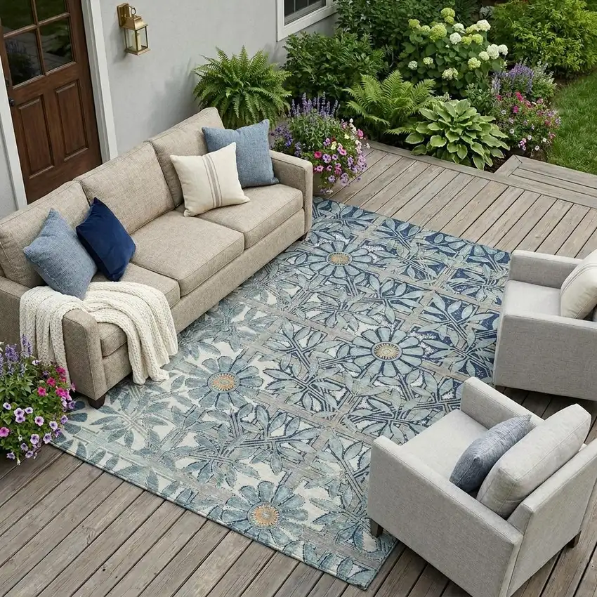 Blue And Gray Floral Washable Indoor Outdoor Area Rug Photo 1