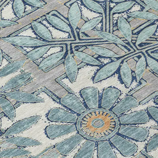 Blue And Gray Floral Washable Indoor Outdoor Area Rug Photo 4