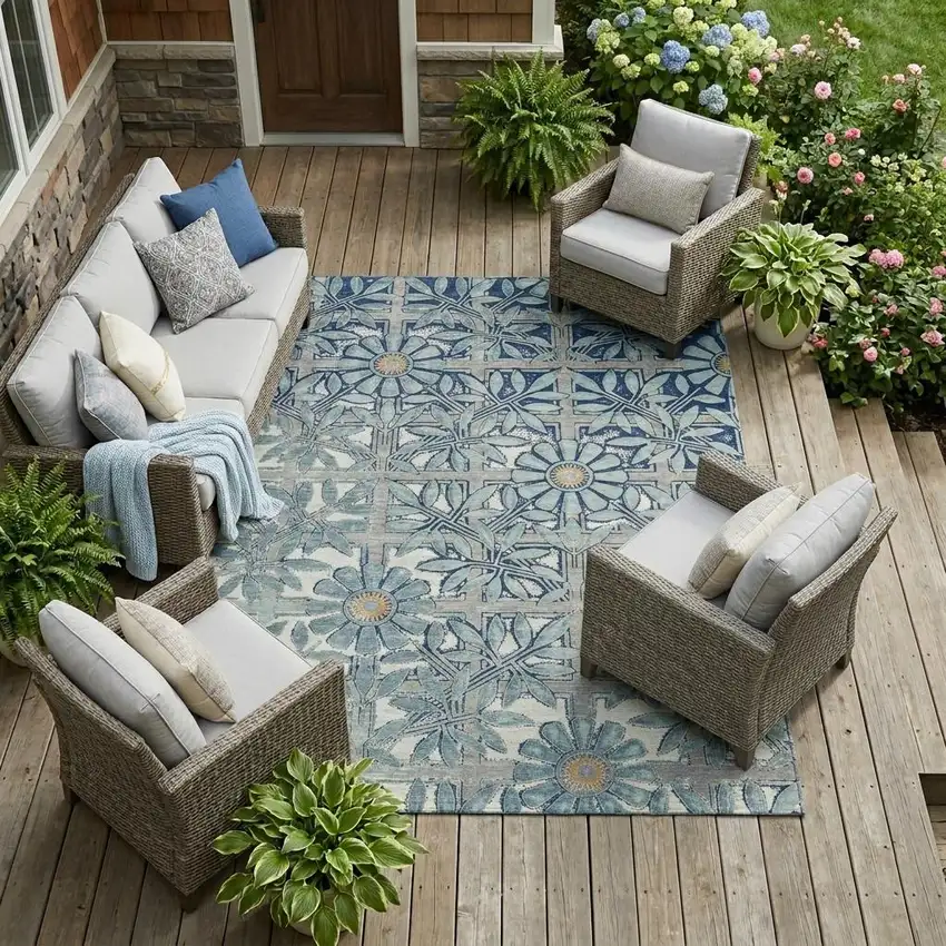Blue And Gray Floral Washable Indoor Outdoor Area Rug Photo 1