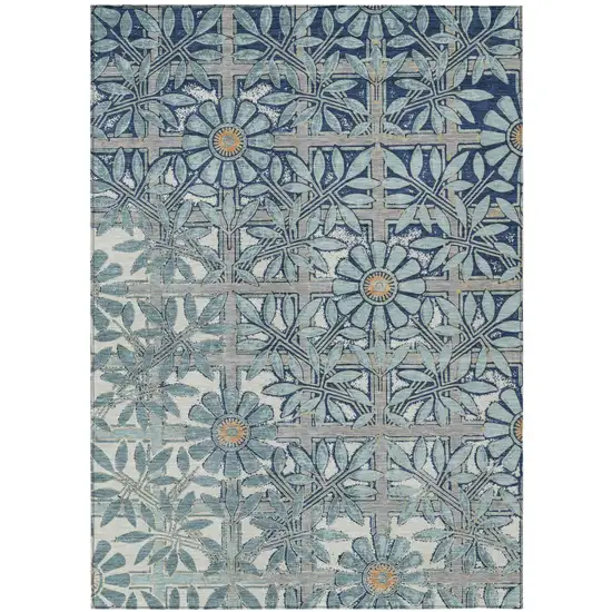 Blue And Gray Floral Washable Indoor Outdoor Area Rug Photo 2